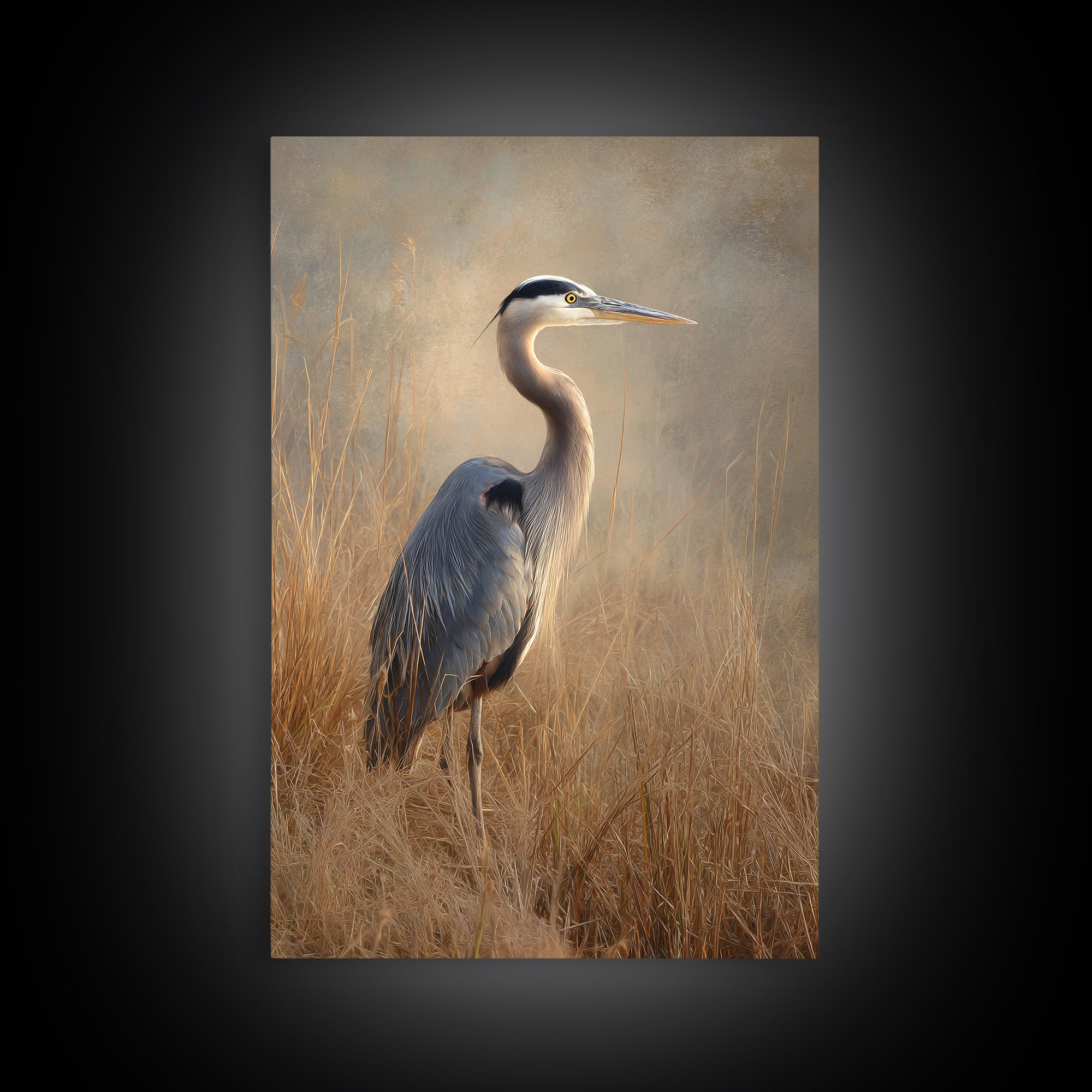 Blue Heron in Misty Marsh Grass Framed Canvas Print, Bird Art, Contemporary Art, Living Room Decor, Fine Art, Flight, BIR-2x3-34