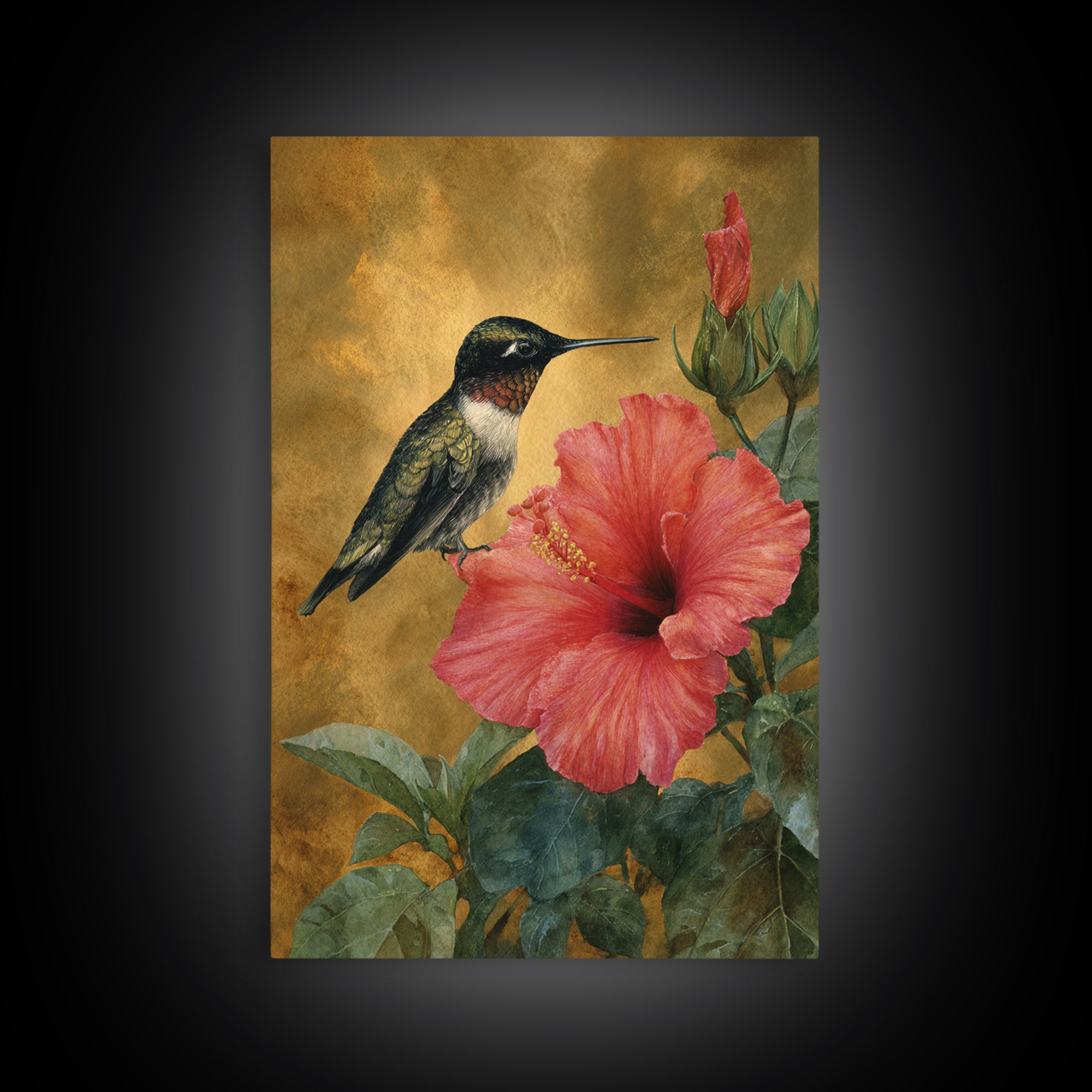 Hummingbird Hovering Beside Bright Hibiscus Canvas Print, Bird Art, Mid Century Wall Art, Living Room Decor, Flight, BIR-2x3-36