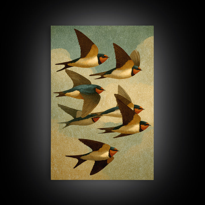 Flock of Swallows Sweeping Across Open Sky Framed Canvas Print, Bird Art, Wall Art, Living Room Decor, Fine Art, Flight, BIR-2x3-38