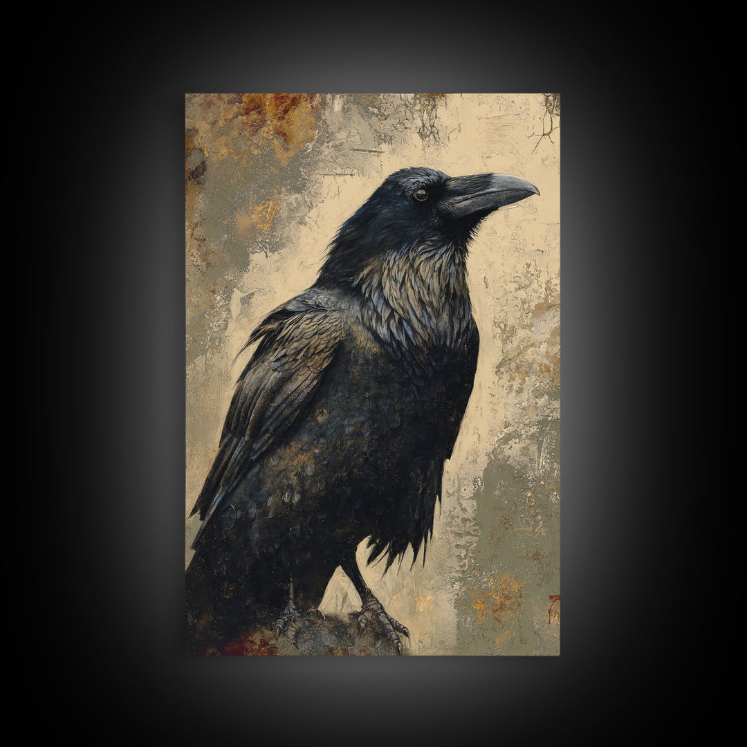 Raven Silhouette with Gothic Atmosphere Framed Canvas Print, Bird Art, Living Room Decor, Abstract Art, Flight, BIR-2x3-41