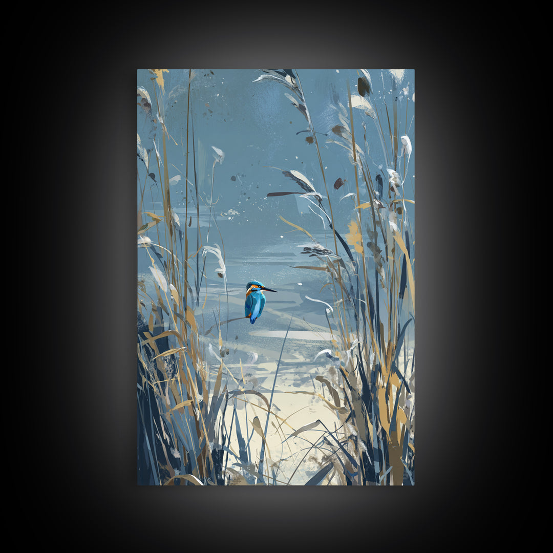 Kingfisher Diving Toward Blue Water Framed Canvas Print, Bird Art, Contemporary Art, Living Room Decor, Fine Art, Flight, BIR-2x3-43