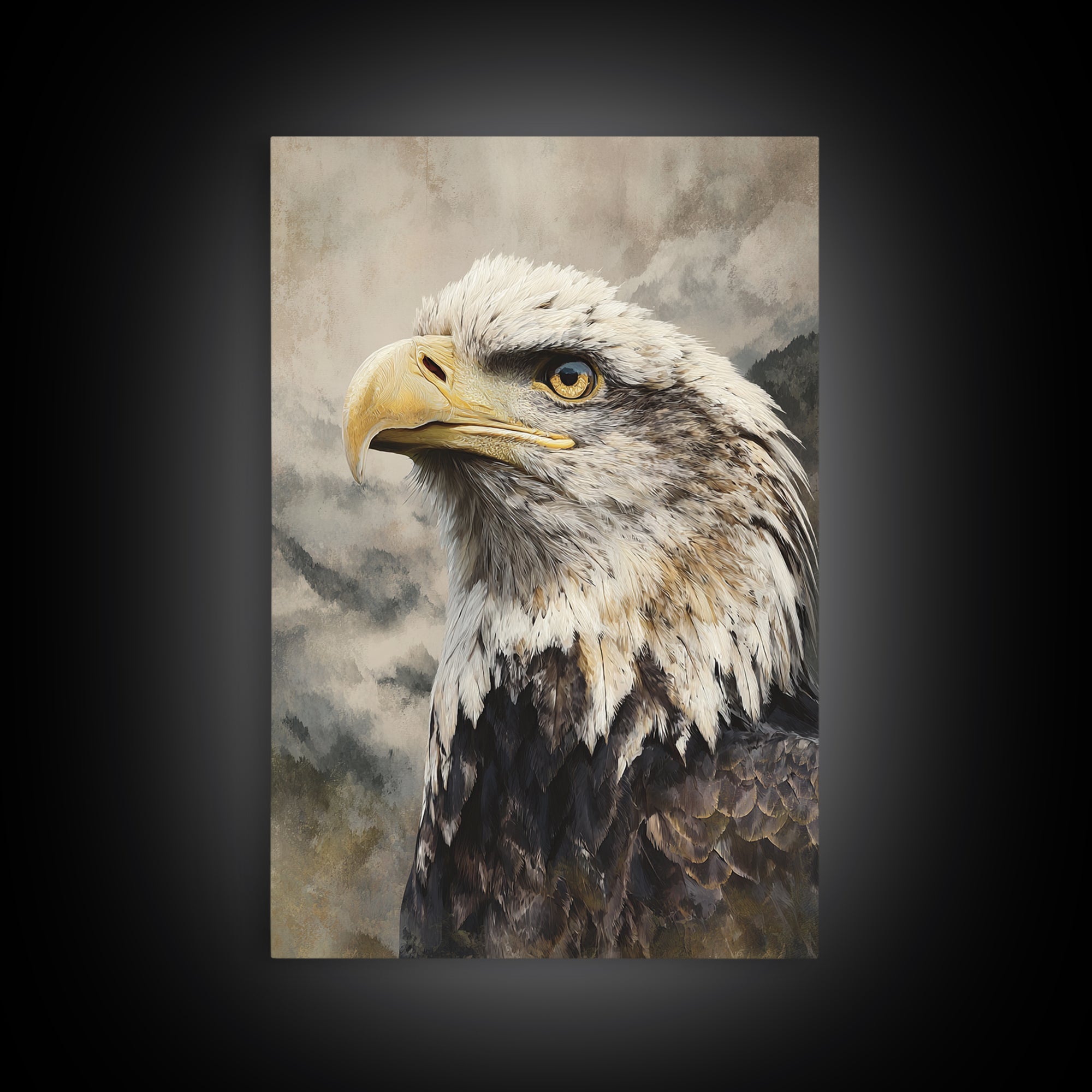 Eagle Portrait with Dramatic Mountain Wind Framed Canvas Print, Bird Art, Floral Art, Living Room Decor, Fine Art, Flight, BIR-2x3-44