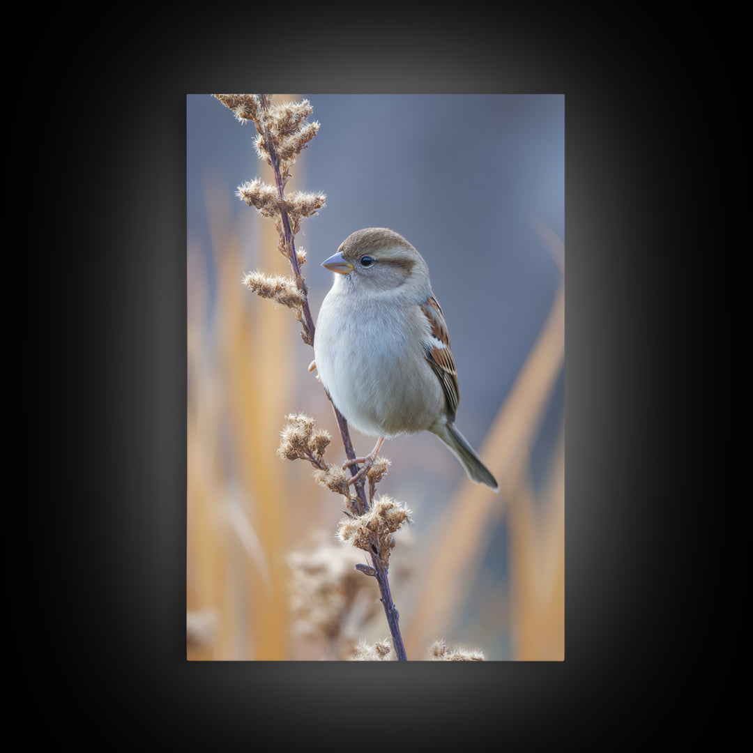 Small Sparrow on Wildflower Stem Framed Canvas Print, Bird Art, Textured Painting, Living Room Decor, Fine Art, Flight, BIR-2x3-46