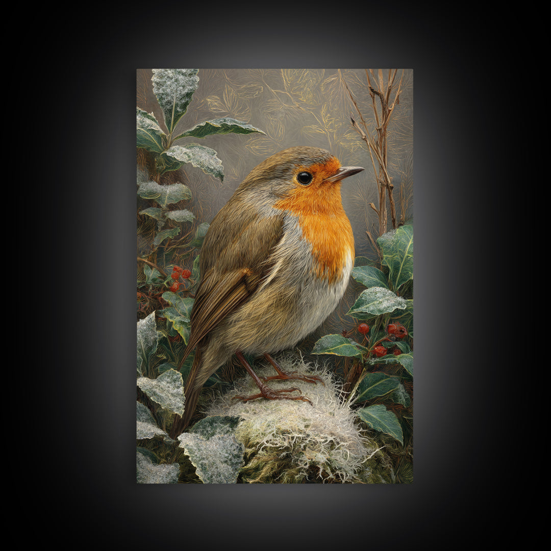 Robin in a Spring Garden with Soft Framed Canvas Print, Bird Art, Wall Art, Living Room Decor, Flight, Japanese Wall Art, BIR-2x3-47
