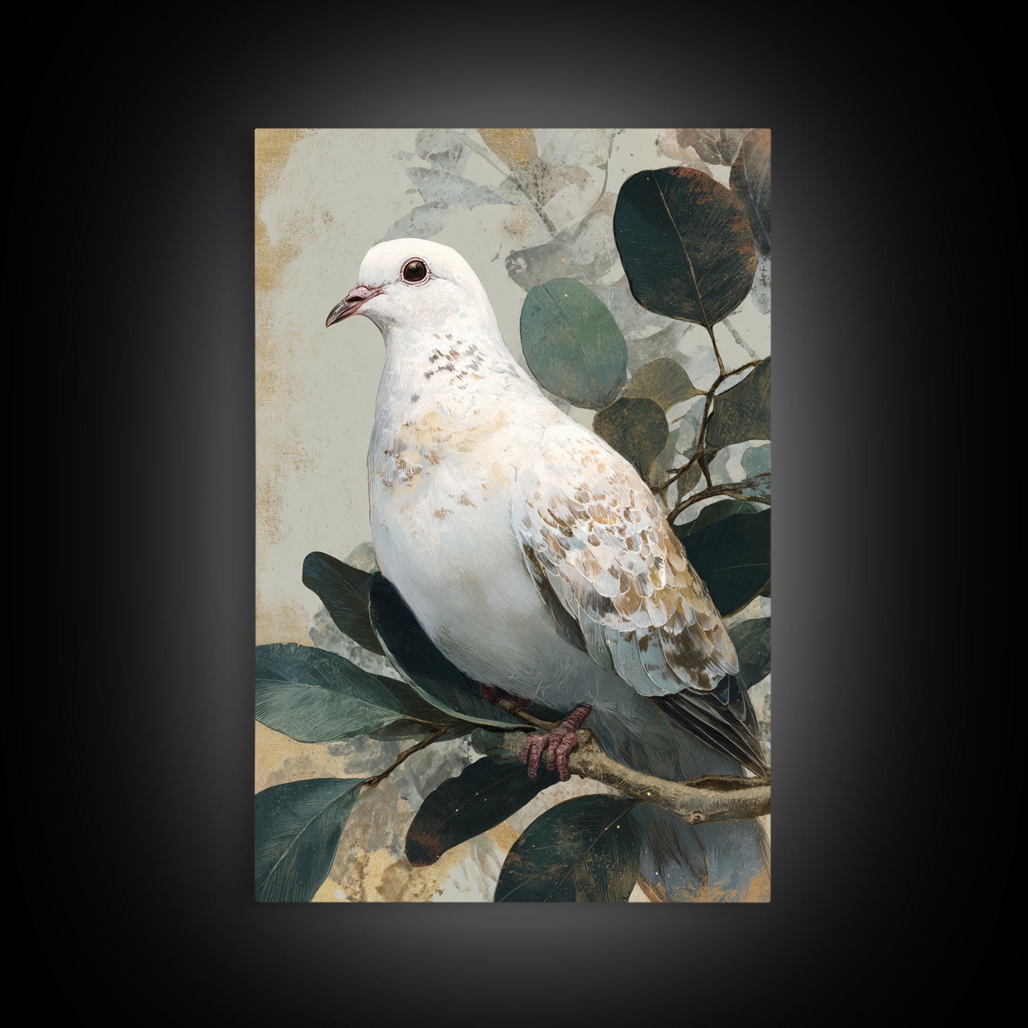 White Dove with Olive Branch and Calm Framed Canvas Print, Bird Art, Boho Decor, Living Room Decor, Fine Art, Flight, BIR-2x3-48