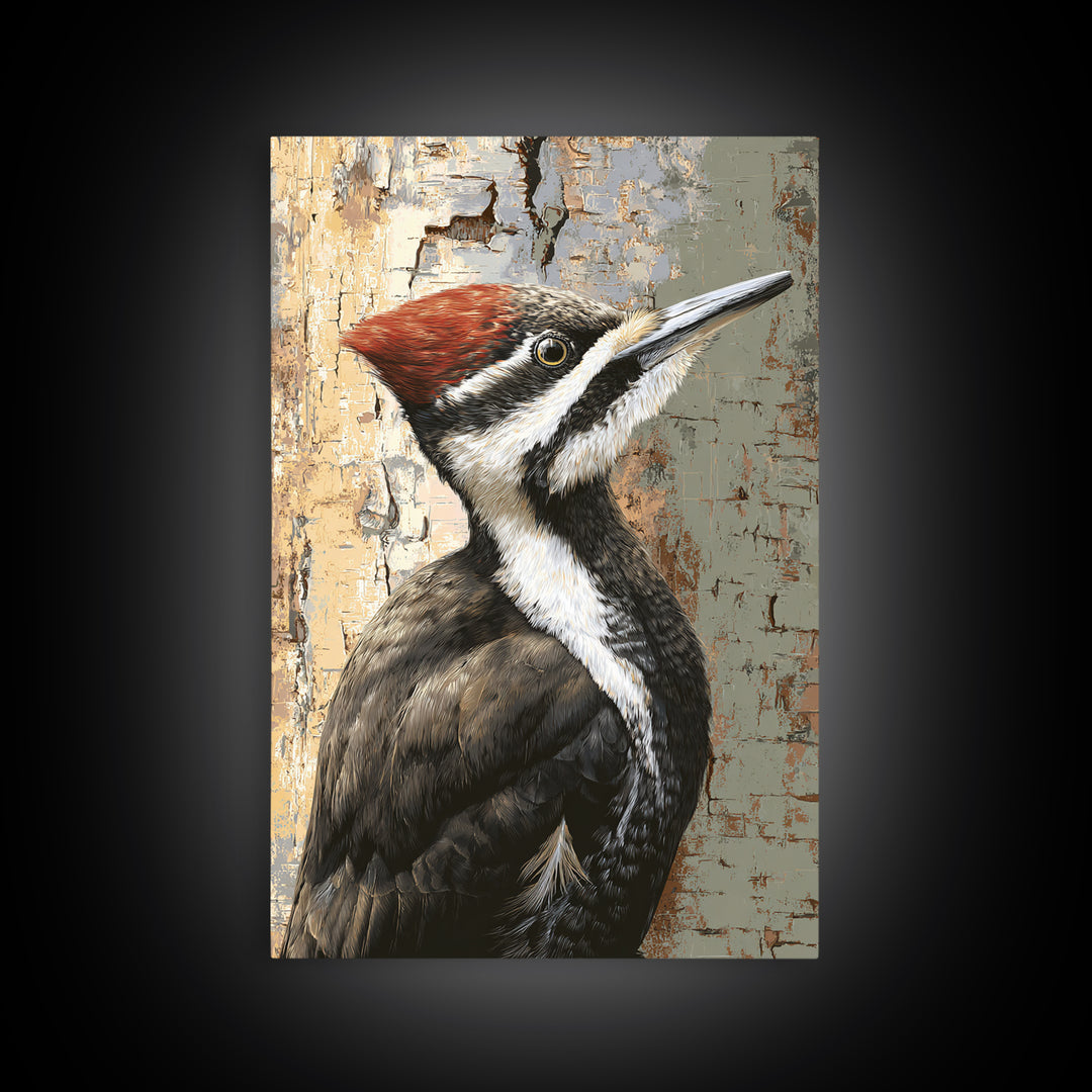 Woodpecker on Birch Bark Texture Framed Canvas Print, Bird Art, Original Art, Living Room Decor, Oil Painting, Flight, BIR-2x3-53