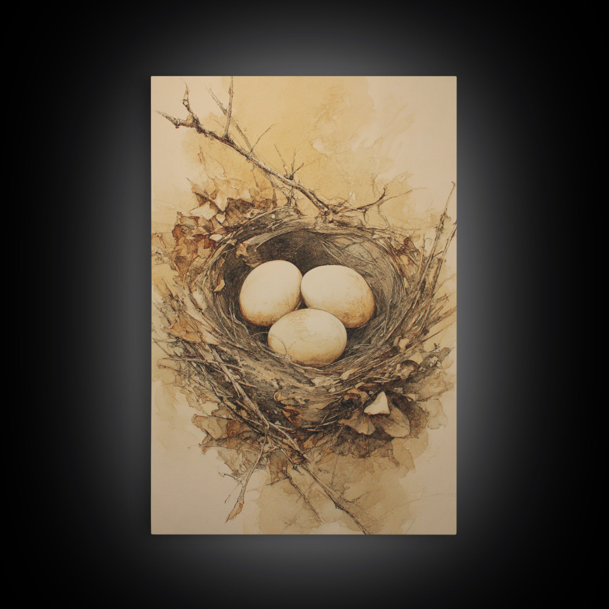Bird Nest with Eggs and Delicate Twigs Canvas Print, Bird Art, Minimalist Decor, Living Room Decor, Fine Art, Flight, BIR-2x3-54