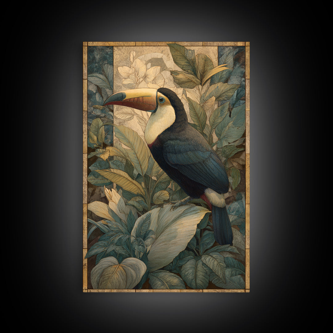 Toucan Framed by Bold Jungle Foliage Framed Canvas Print, Bird Art, Textured Painting, Living Room Decor, Fine Art, Flight, BIR-2x3-55