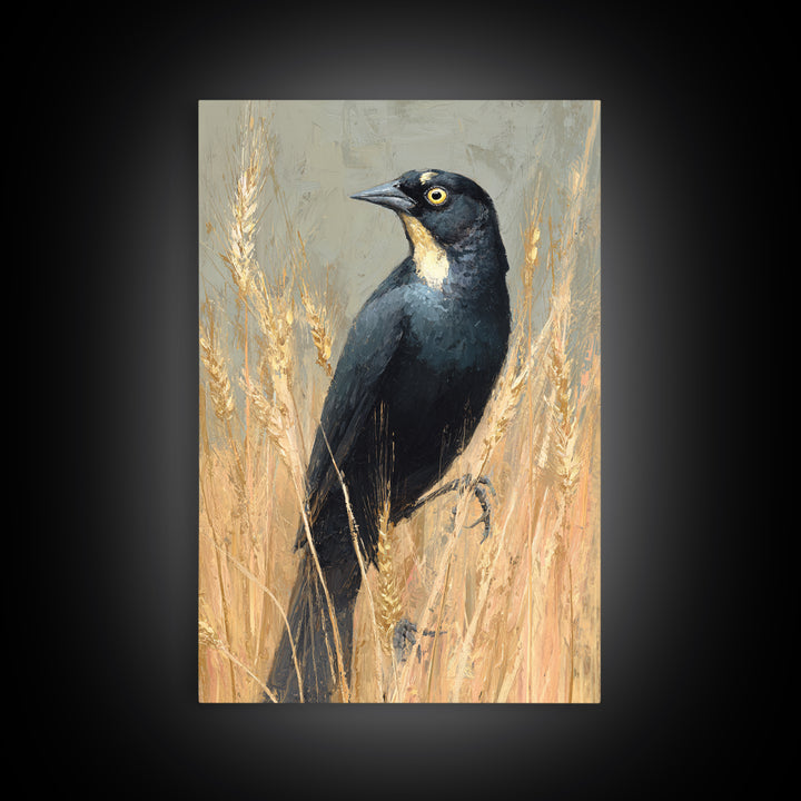 Blackbird on Gold Wheat Field Framed Canvas Print, Bird Art, Neutral Decor, Living Room Decor, Abstract Art, Flight, Wall Art, BIR-2x3-56