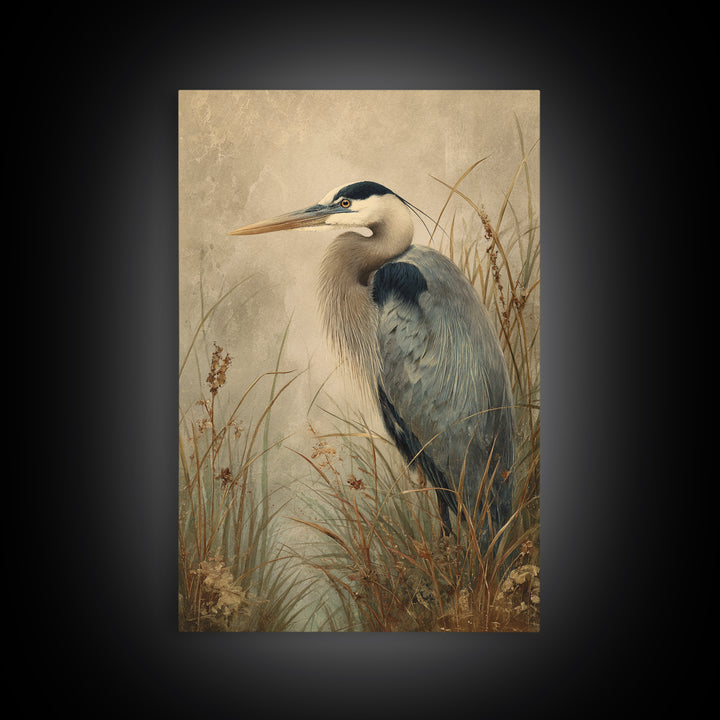 Blue Heron in Misty Marsh Grass Canvas Print, Bird Art, Mid Century Modern, Living Room Decor, Flight, Botanical Wall Art, BIR-2x3-58