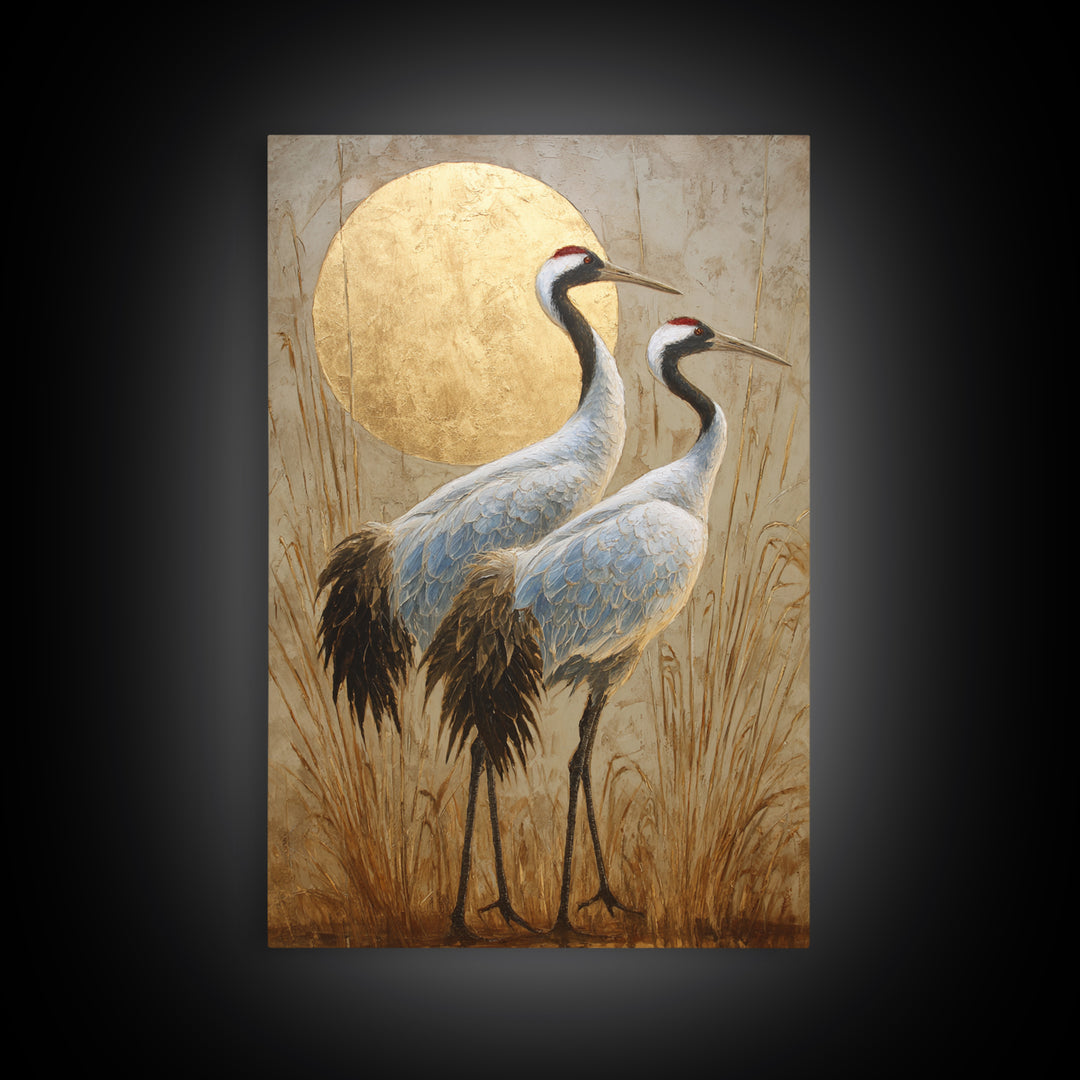 Pair of Cranes Dancing Framed Canvas Print, Bird Art, Digital Prints, Living Room Decor, Oil Painting, Flight, Modern Art, BIR-2x3-59