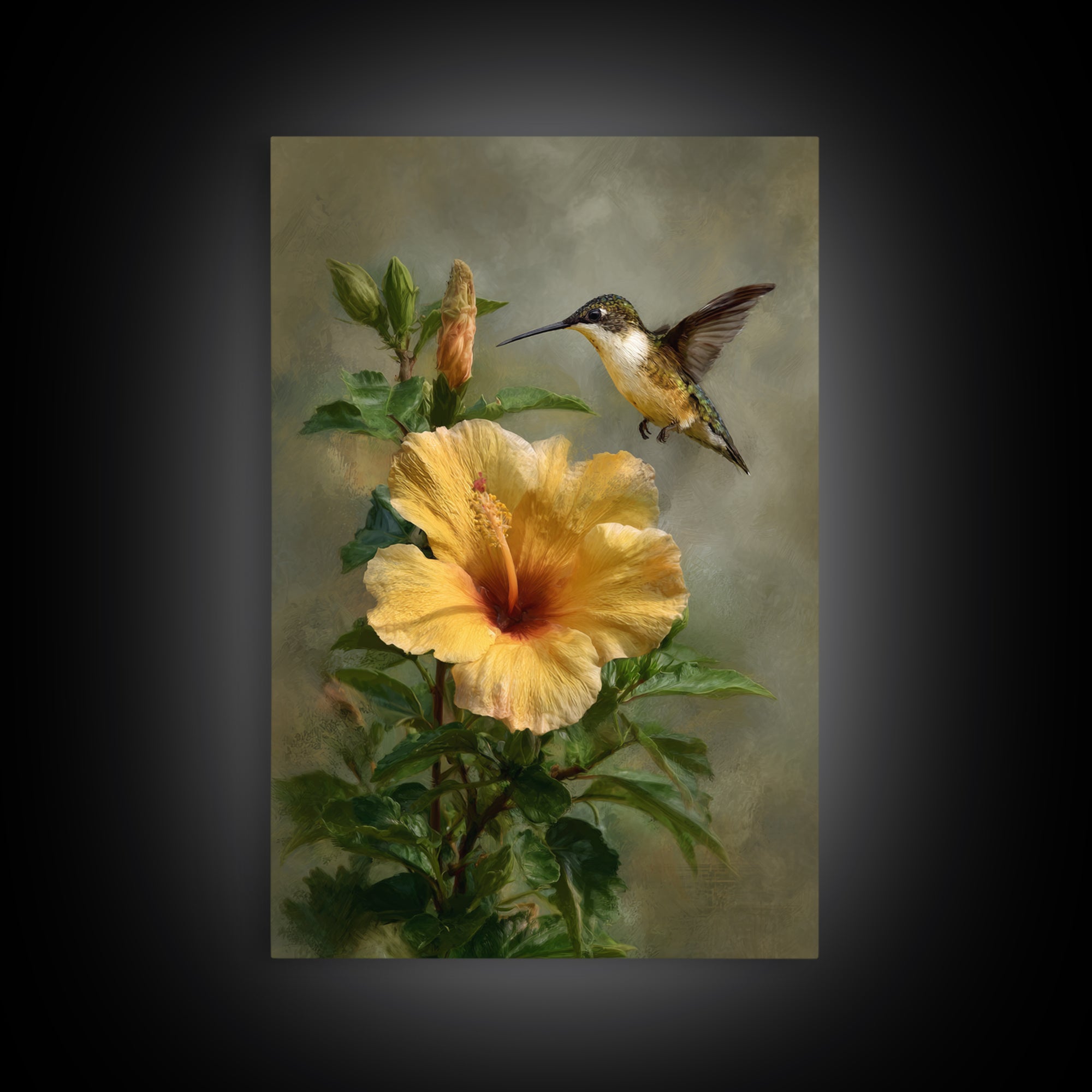 Hummingbird Hovering Beside Bright Hibiscus Framed Canvas Print, Bird Art, Wall Art, Living Room Decor, Fine Art, Flight, BIR-2x3-60