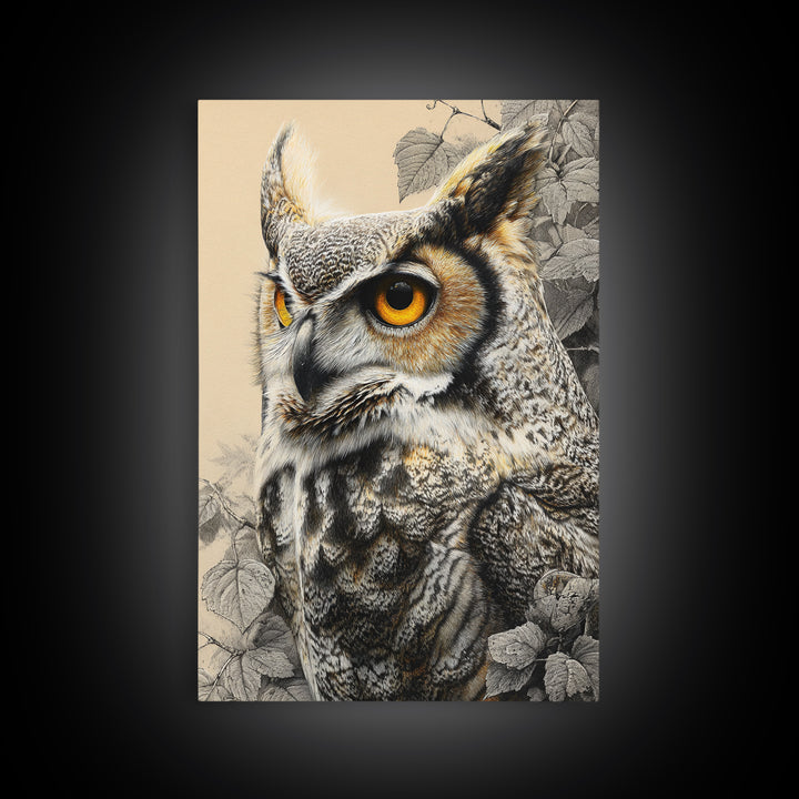 Owl Portrait with Wise Golden Eyes Canvas Print, Bird Art, Printable Art, Living Room Decor, Flight, Mid Century Wall Art, BIR-2x3-61