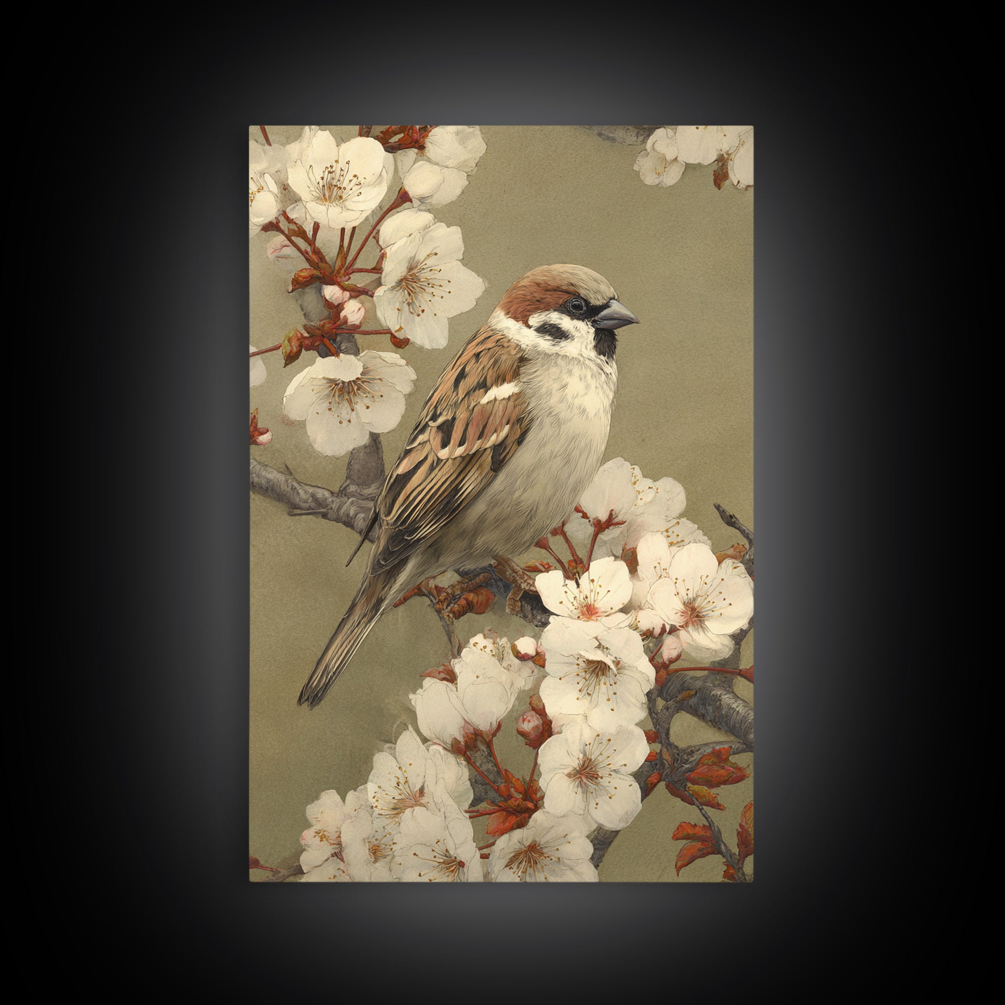 Songbird Perched on Cherry Blossoms Framed Canvas Print, Bird Art, Room Decor, Living Room Decor, Fine Art, Flight, BIR-2x3-64