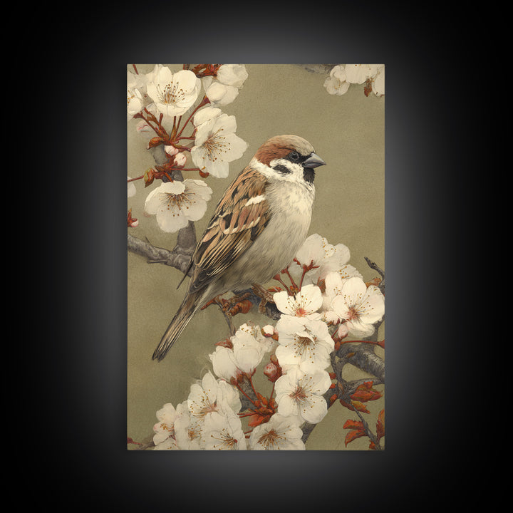 Songbird Perched on Cherry Blossoms Framed Canvas Print, Bird Art, Room Decor, Living Room Decor, Fine Art, Flight, BIR-2x3-64