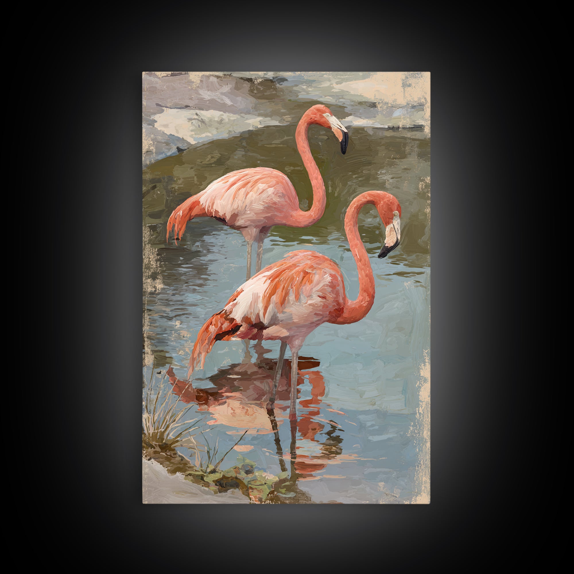 Flamingo Pair in Coral Water Reflections Canvas Print, Bird Art, Home Decor, Living Room Decor, Oil Painting, Flight, BIR-2x3-66
