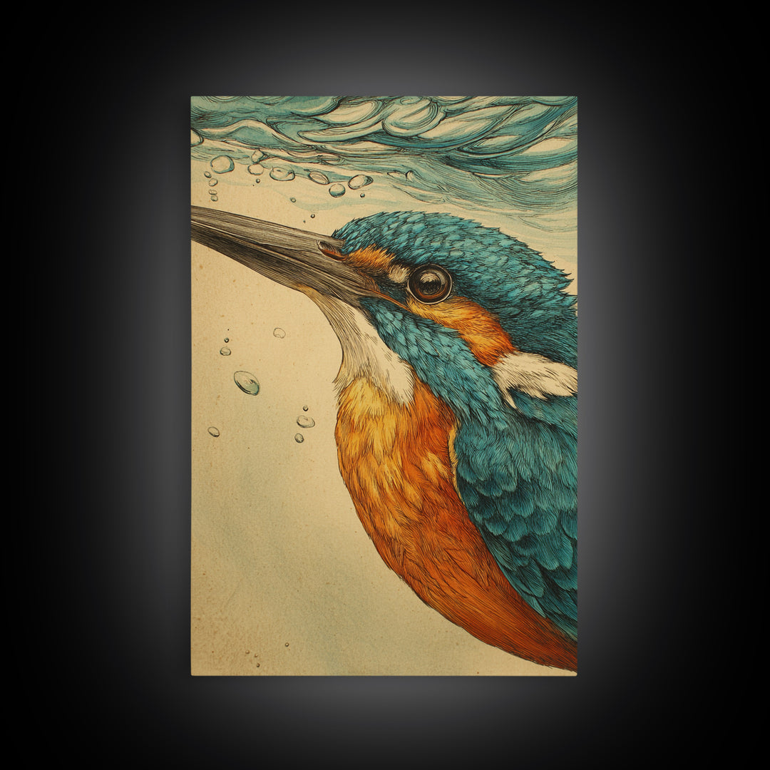 Kingfisher Diving Toward Blue Water Canvas Print, Bird Art, Mid Century Modern, Living Room Decor, Flight, Botanical Wall Art, BIR-2x3-67