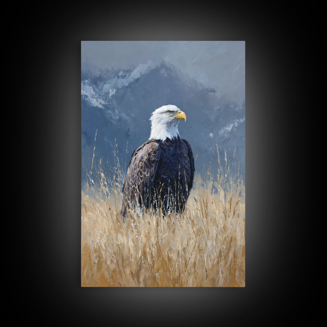 Eagle Portrait with Dramatic Mountain Wind Framed Canvas Print, Bird Art, Digital Print, Living Room Decor, Fine Art, Flight, BIR-2x3-68