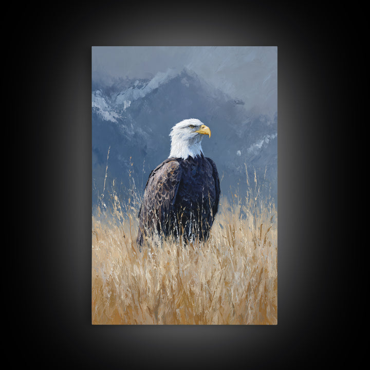 Eagle Portrait with Dramatic Mountain Wind Framed Canvas Print, Bird Art, Digital Print, Living Room Decor, Fine Art, Flight, BIR-2x3-68