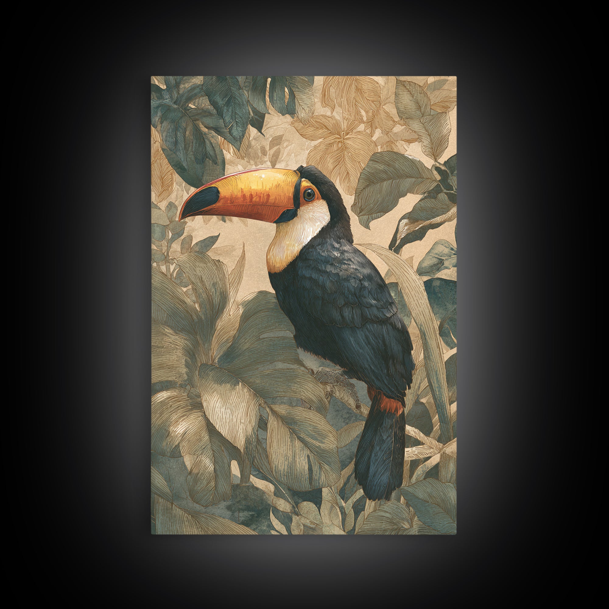 Toucan Framed by Bold Jungle Foliage Canvas Print, Bird Art, Nature Prints, Living Room Decor, Fine Art, Flight, Boho Decor, BIR-2x3-7