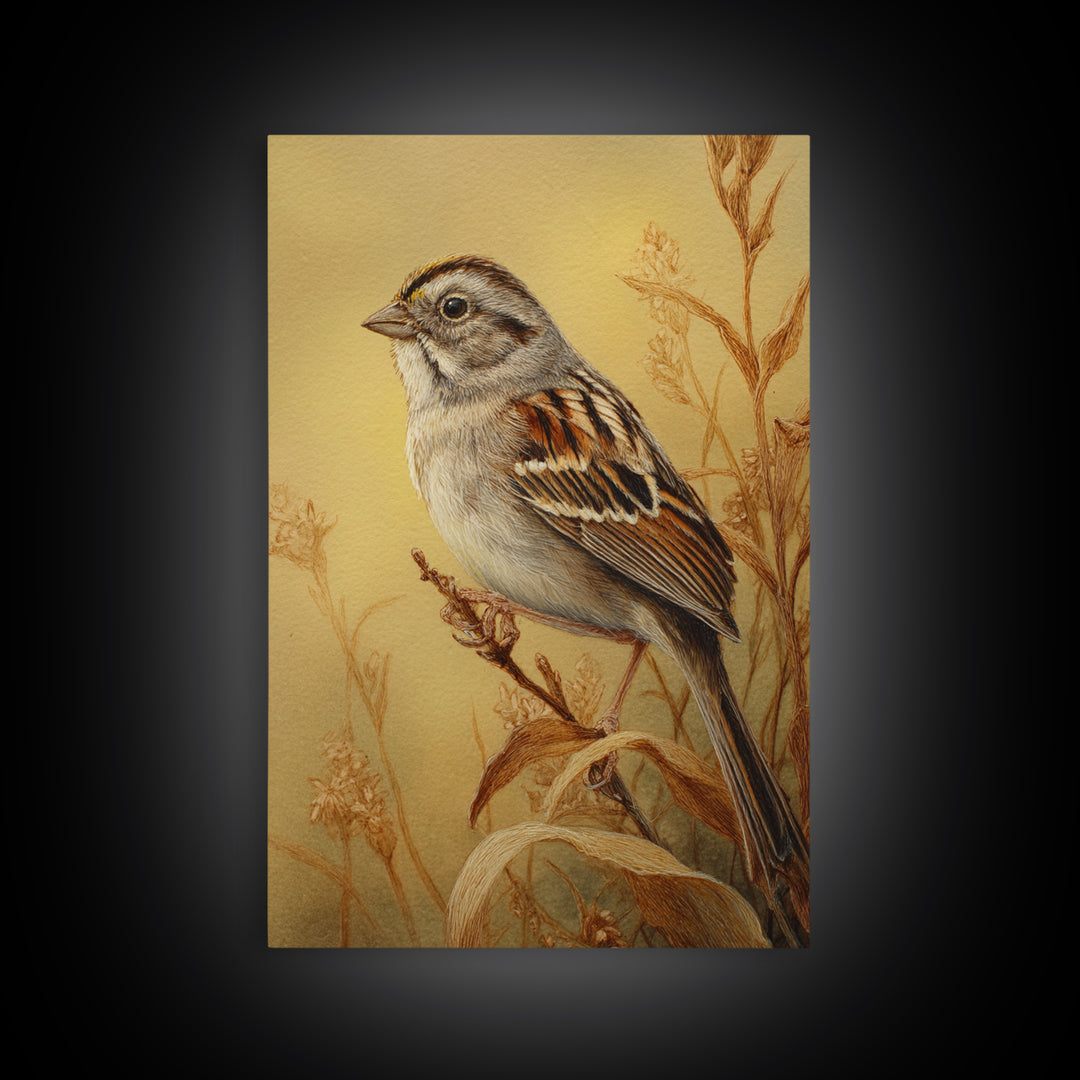 Small Sparrow on Wildflower Stem Canvas Print, Bird Art, Wall Decor, Living Room Decor, Oil Painting, Flight, Boho Wall Decor, BIR-2x3-70