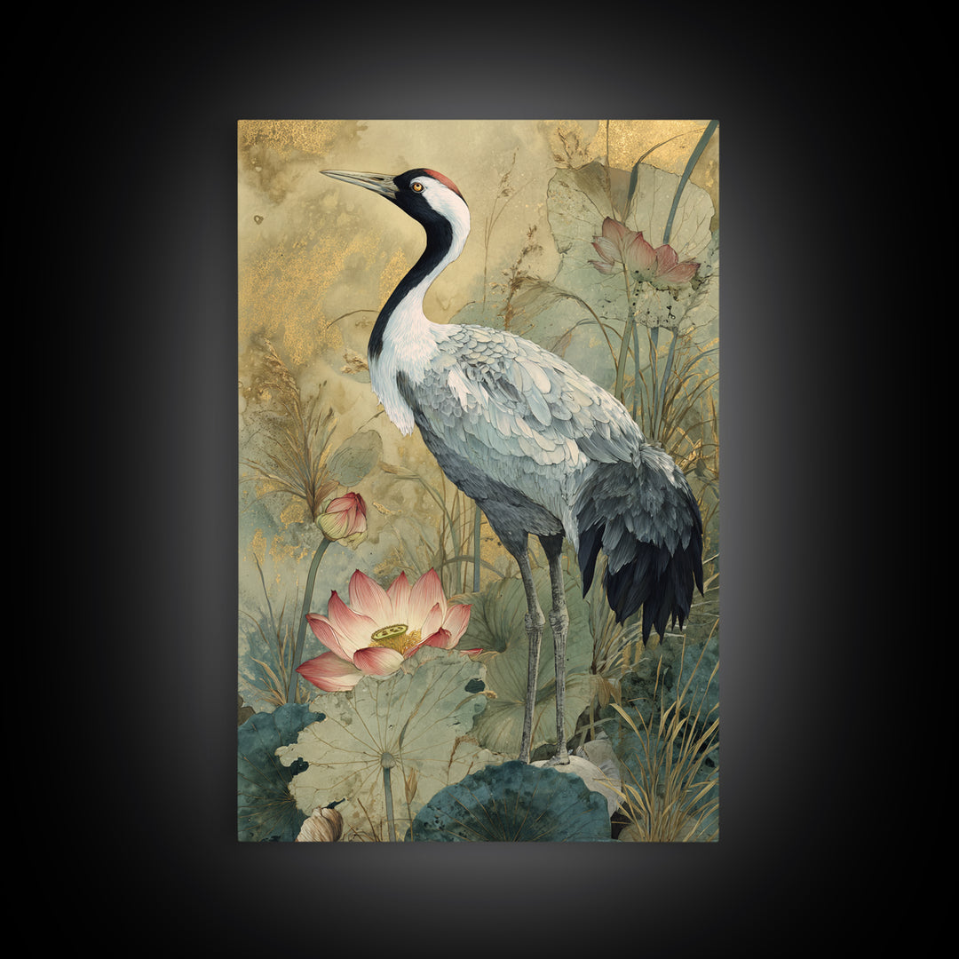 Crane and Lotus Composition Framed Canvas Print, Bird Art, Watercolor Painting, Living Room Decor, Flight, Living Room Art, BIR-2x3-73