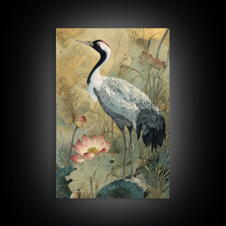 Crane and Lotus Composition Framed Canvas Print, Bird Art, Watercolor Painting, Living Room Decor, Flight, Living Room Art, BIR-2x3-73