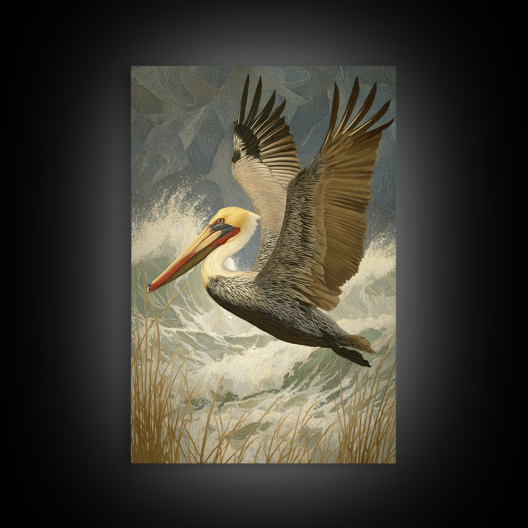 Pelican Flying over Coastal Waves Framed Canvas Print, Bird Art, Digital Prints, Living Room Decor, Watercolor Art, Flight, BIR-2x3-74