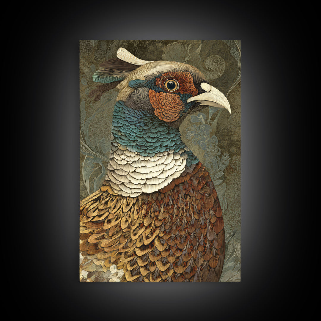 Pheasant with Ornate Feather Details Framed Canvas Print, Bird Art, Original Art, Living Room Decor, Fine Art, Flight, BIR-2x3-75