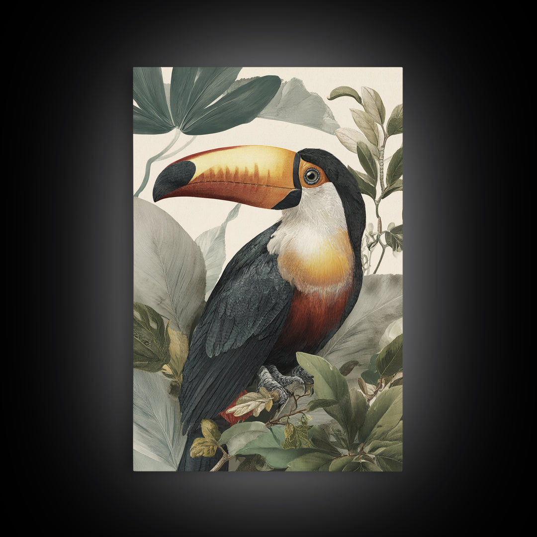 Toucan Framed by Bold Jungle Foliage Canvas Print, Bird Art, Wall Decor, Living Room Decor, Fine Art, Flight, Boho Wall Decor, BIR-2x3-79