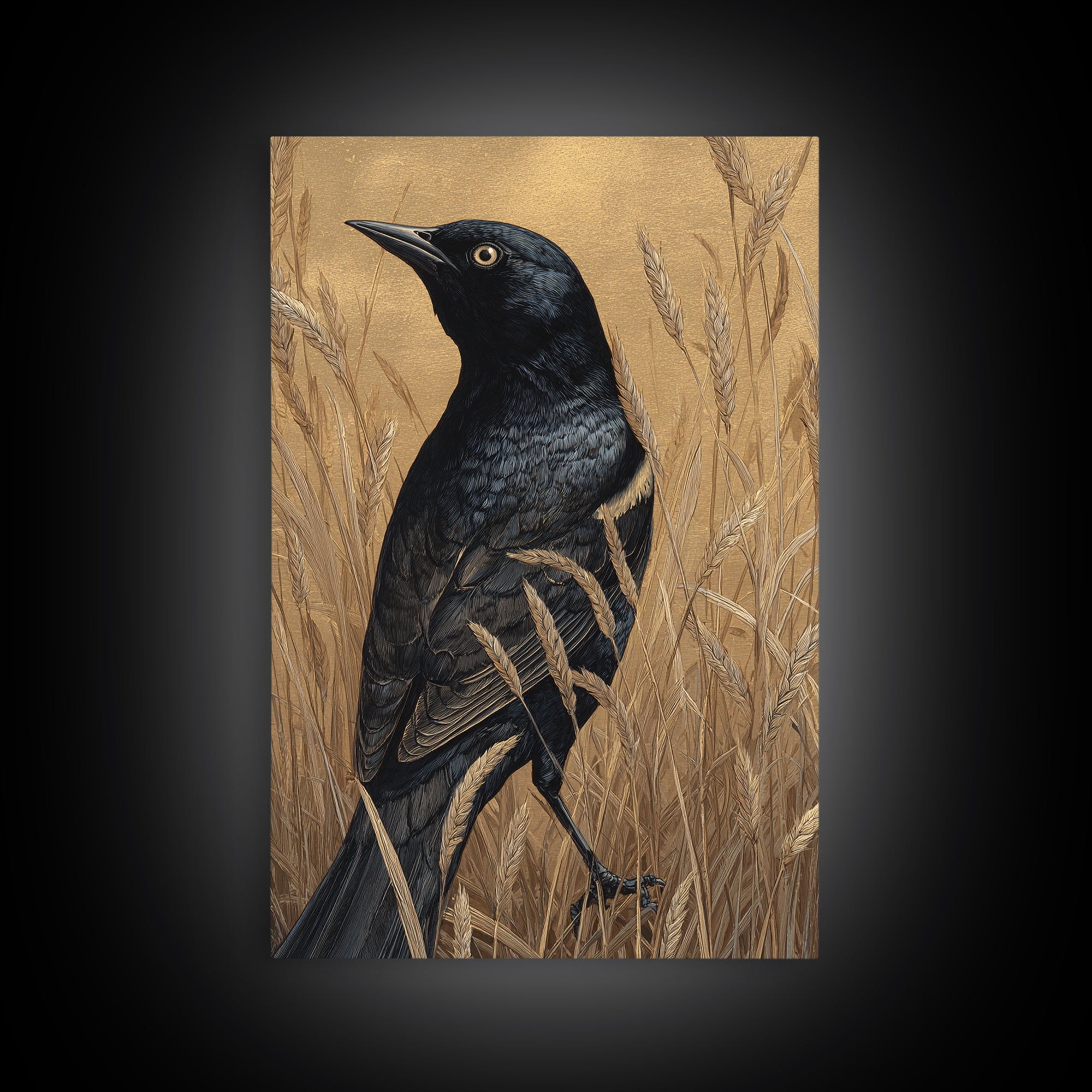 Blackbird on Gold Wheat Field Framed Canvas Print, Bird Art, Bird Prints, Living Room Decor, Oil Painting, Flight, Modern Decor, BIR-2x3-8