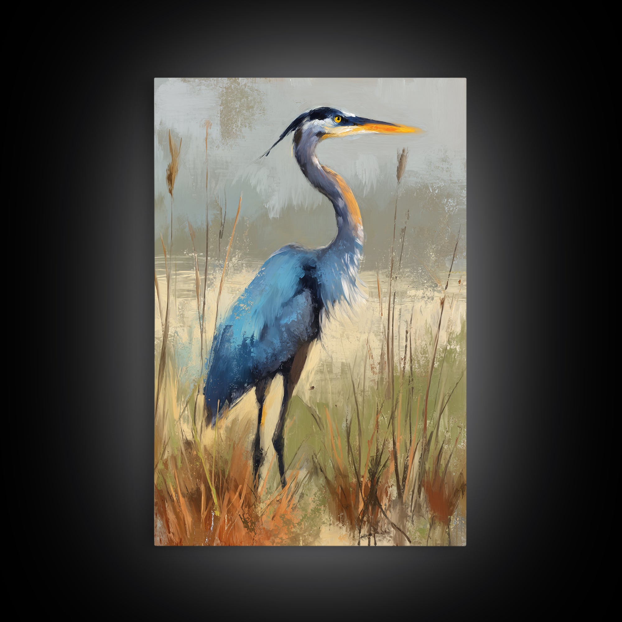 Blue Heron in Misty Marsh Grass Canvas Print, Bird Art, Mid Century Modern, Living Room Decor, Flight, Botanical Wall Art, BIR-2x3-82