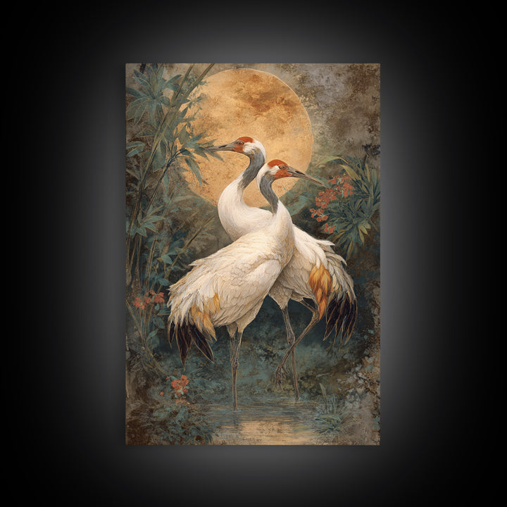 Pair of Cranes Dancing Framed Canvas Print, Bird Art, Boho Wall Decor, Living Room Decor, Abstract Art, Flight, Nature Wall Art, BIR-2x3-83