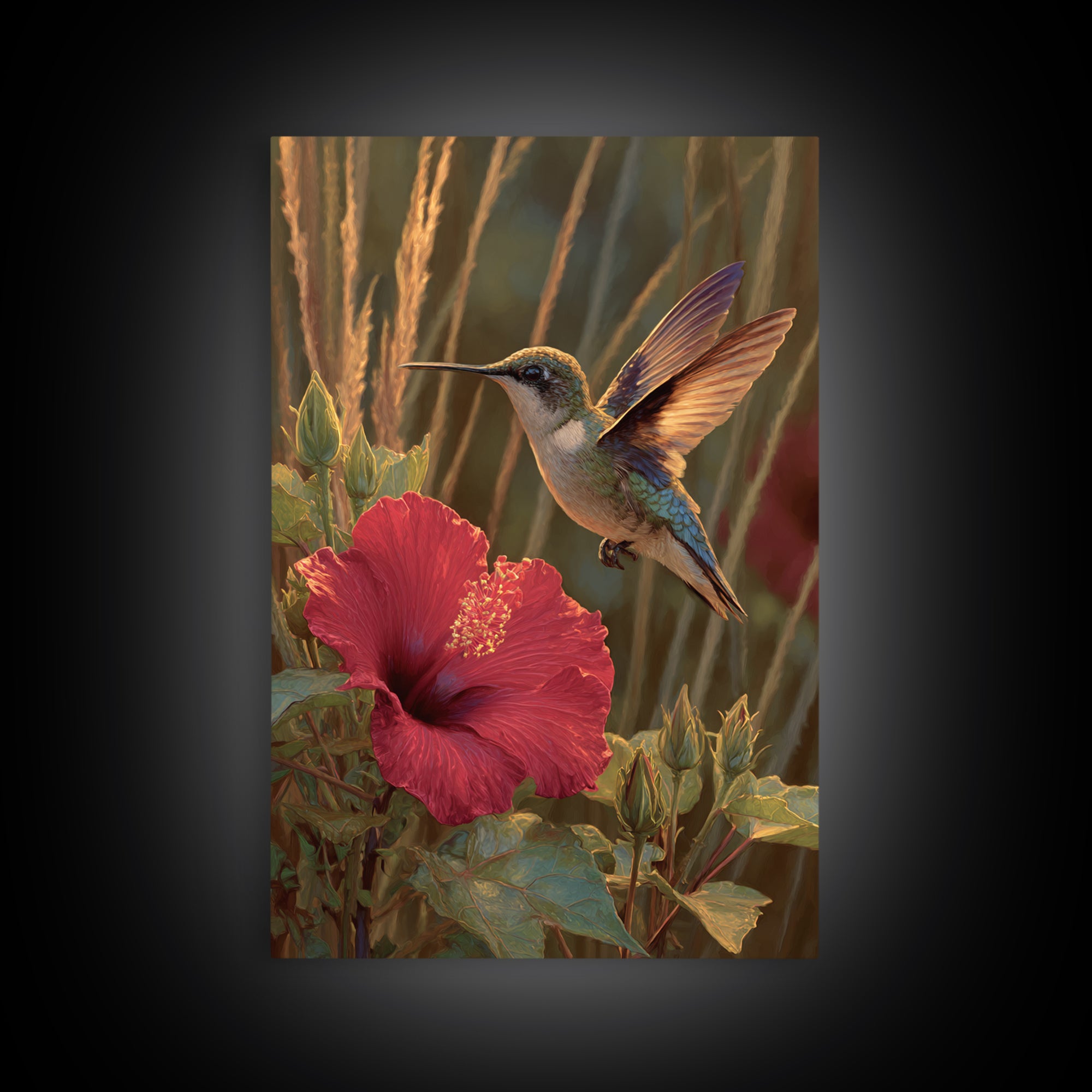 Hummingbird Hovering Beside Bright Hibiscus Framed Canvas Print, Bird Art, Nature Prints, Living Room Decor, Fine Art, Flight, BIR-2x3-84