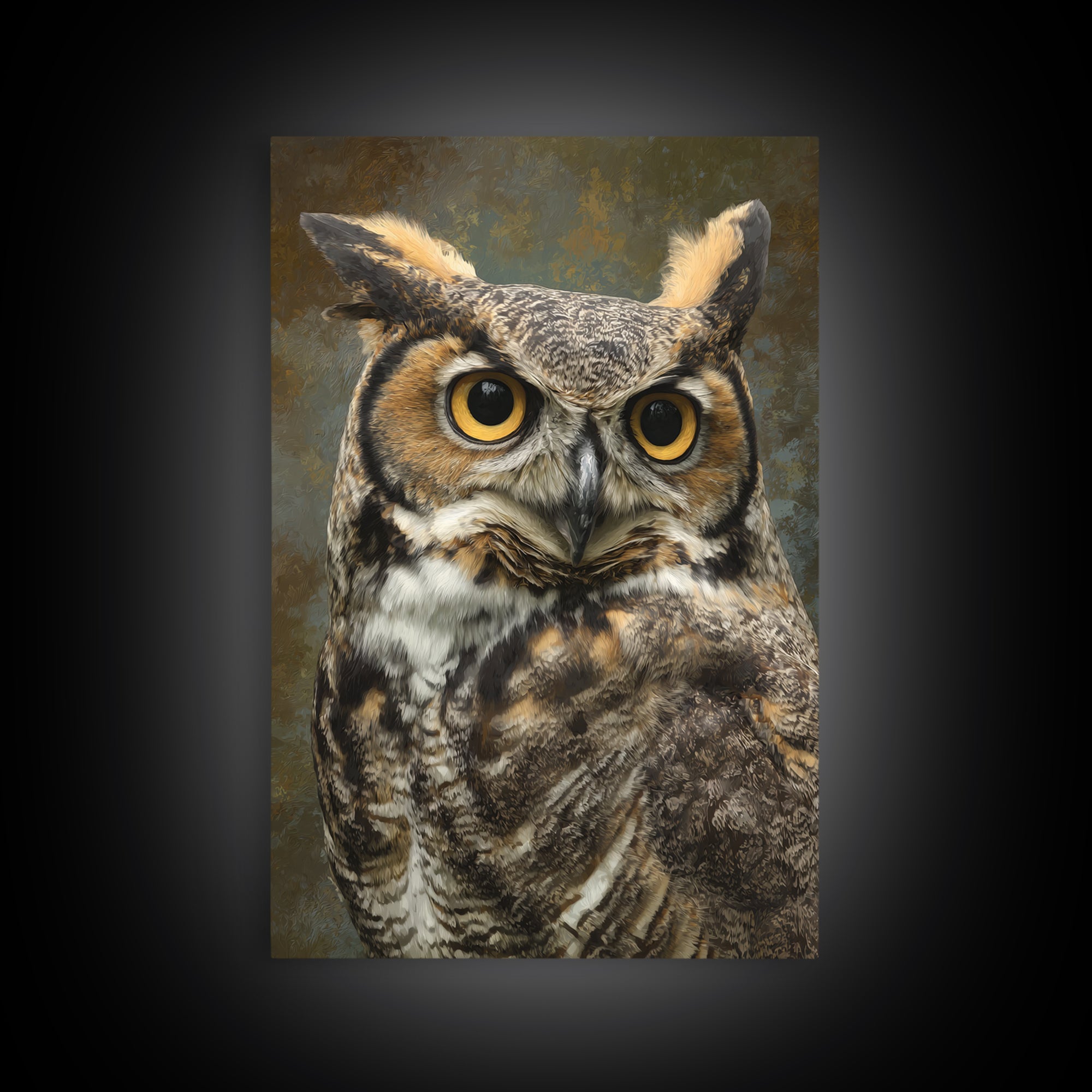 Owl Portrait with Wise Golden Eyes Framed Canvas Print, Bird Art, Boho Wall Decor, Living Room Decor, Fine Art, Flight, BIR-2x3-85