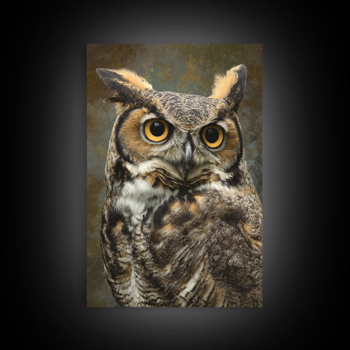 Owl Portrait with Wise Golden Eyes Framed Canvas Print, Bird Art, Boho Wall Decor, Living Room Decor, Fine Art, Flight, BIR-2x3-85