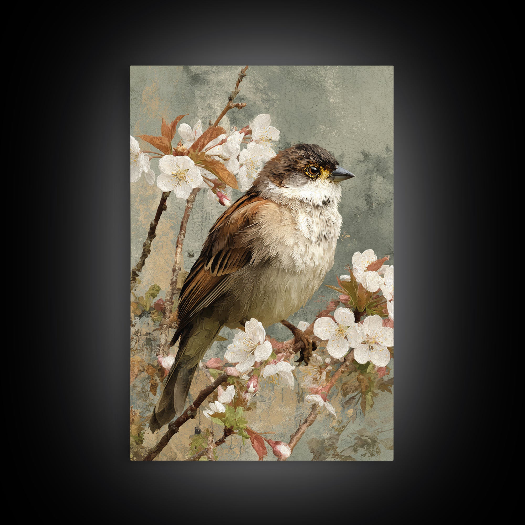 Songbird Perched on Cherry Blossoms Framed Canvas Print, Bird Art, Original Art, Living Room Decor, Fine Art, Flight, BIR-2x3-88