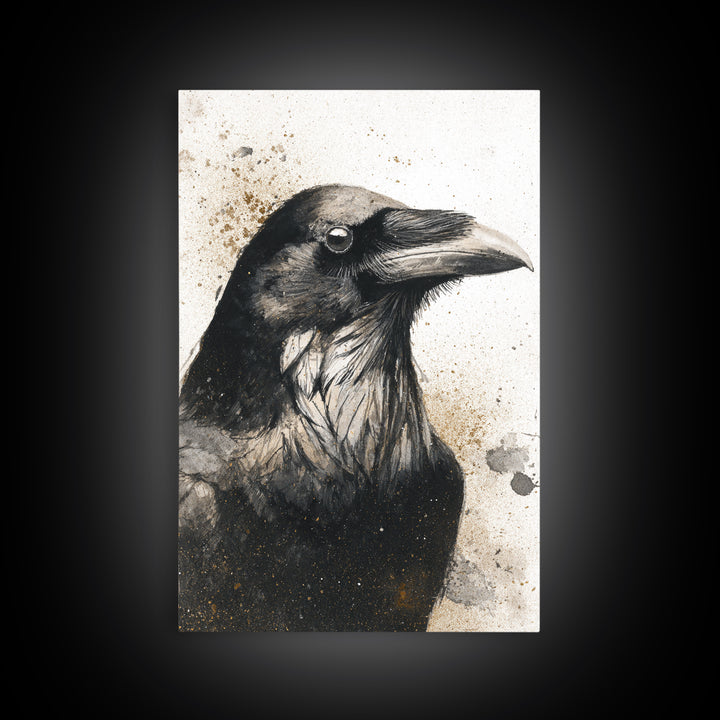 Raven Silhouette with Gothic Atmosphere Framed Canvas Print, Bird Art, Living Room Decor, Watercolor Art, Flight, BIR-2x3-89