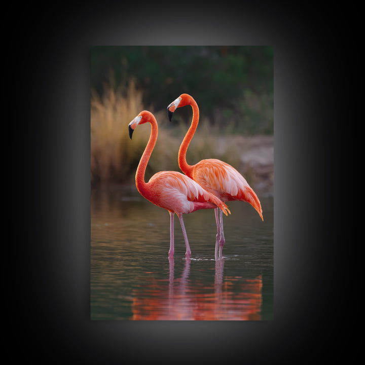Flamingo Pair in Coral Water Reflections Framed Canvas Print, Bird Art, Original Art, Living Room Decor, Fine Art, Flight, BIR-2x3-90