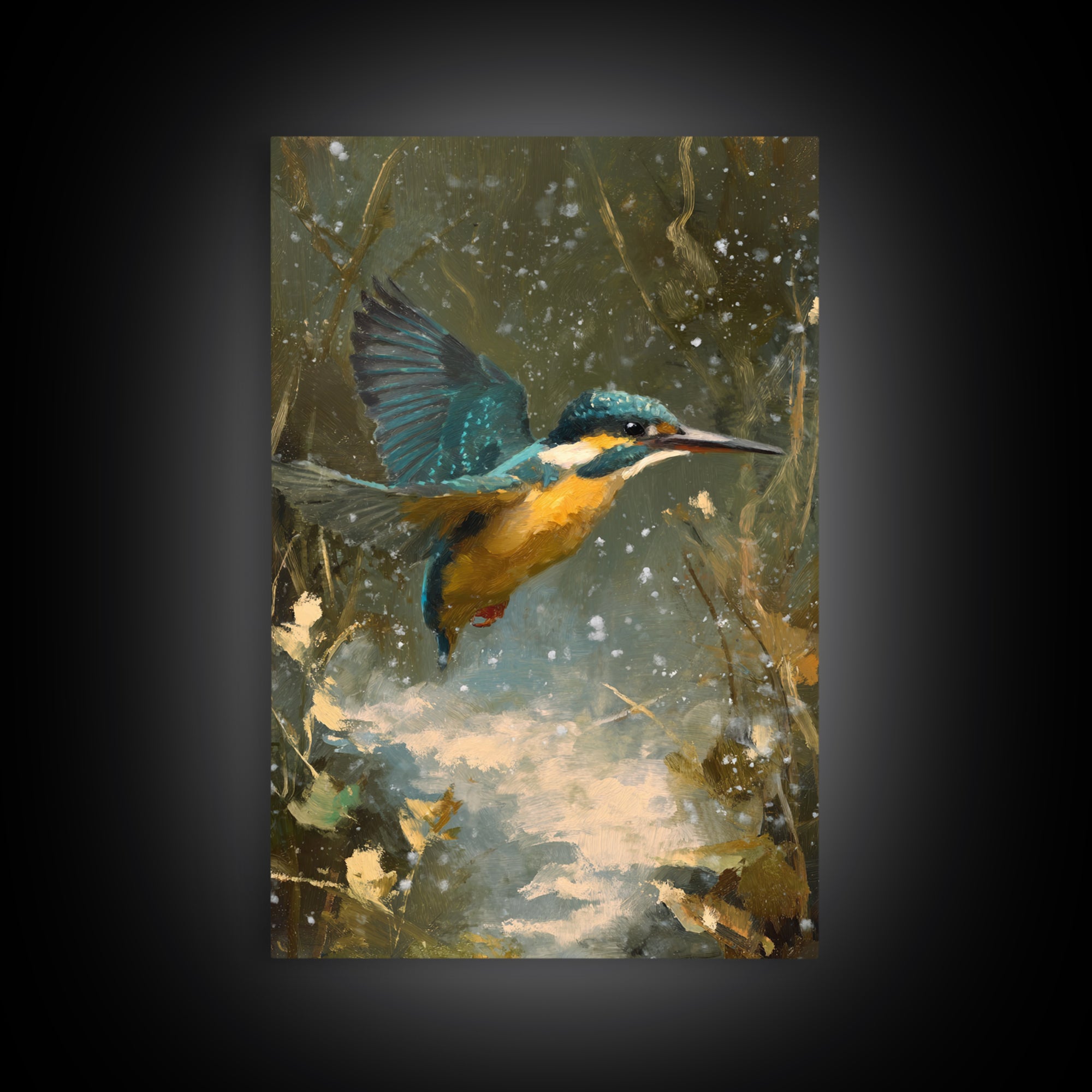 Kingfisher Diving Toward Blue Water Canvas Print, Bird Art, Modern Art, Living Room Decor, Fine Art, Flight, Floral Art, BIR-2x3-91