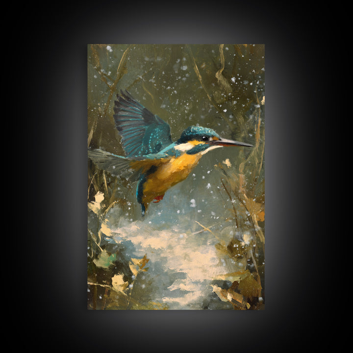 Kingfisher Diving Toward Blue Water Canvas Print, Bird Art, Modern Art, Living Room Decor, Fine Art, Flight, Floral Art, BIR-2x3-91