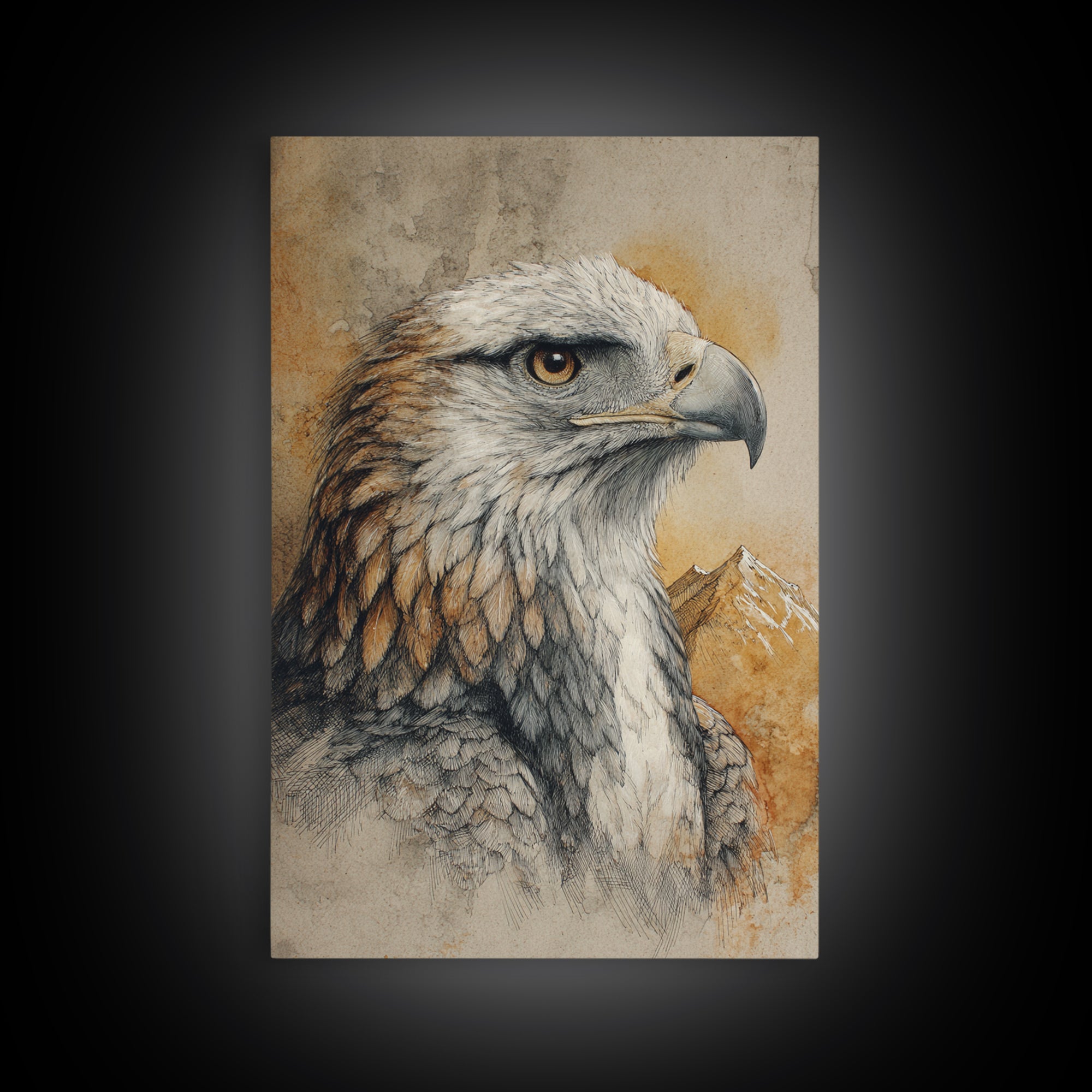 Eagle Portrait with Dramatic Mountain Wind Framed Canvas Print, Bird Art, Gallery Decor, Living Room Decor, Fine Art, Flight, BIR-2x3-92