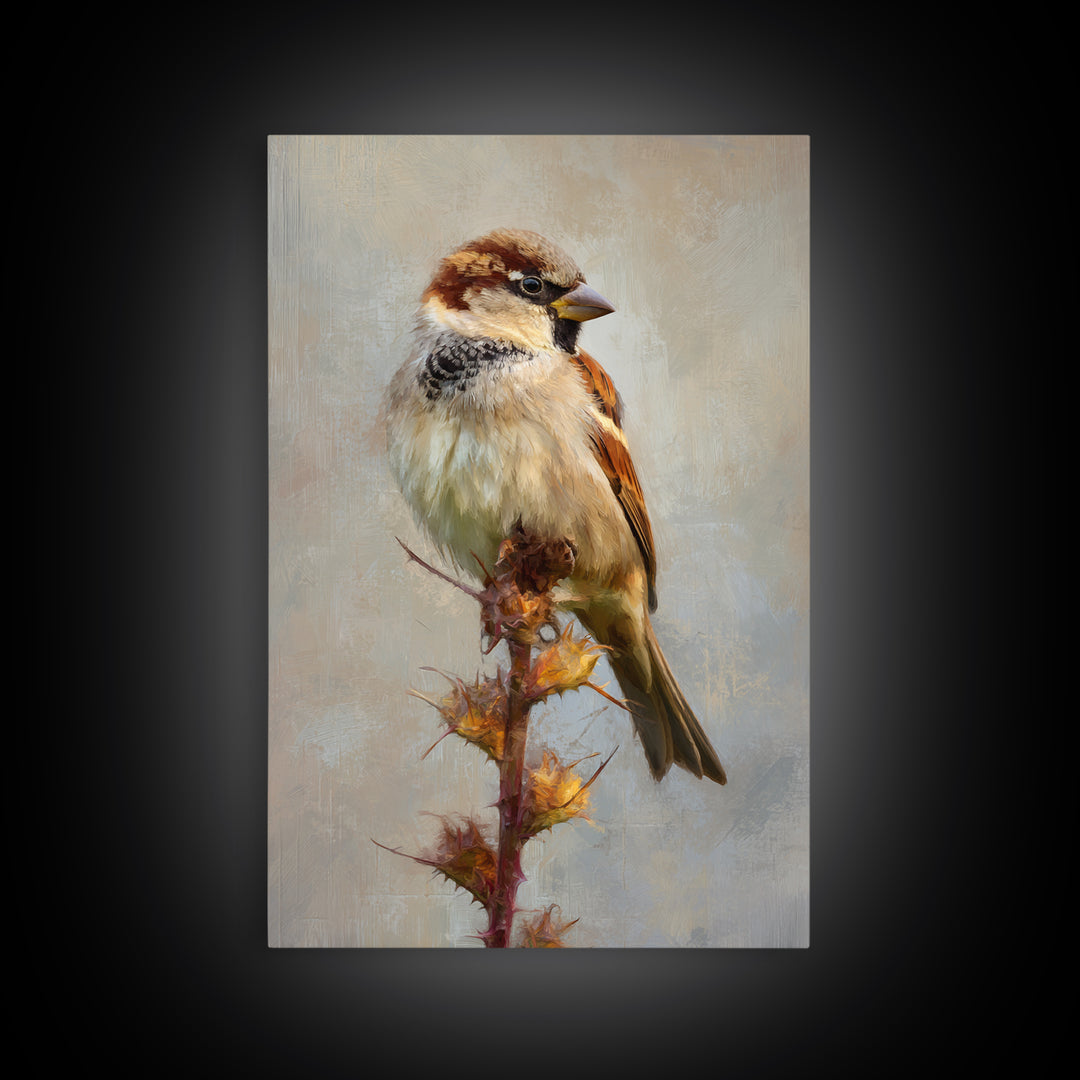 Small Sparrow on Wildflower Stem Framed Canvas Print, Bird Art, Digital Print, Living Room Decor, Watercolor Art, Flight, BIR-2x3-94