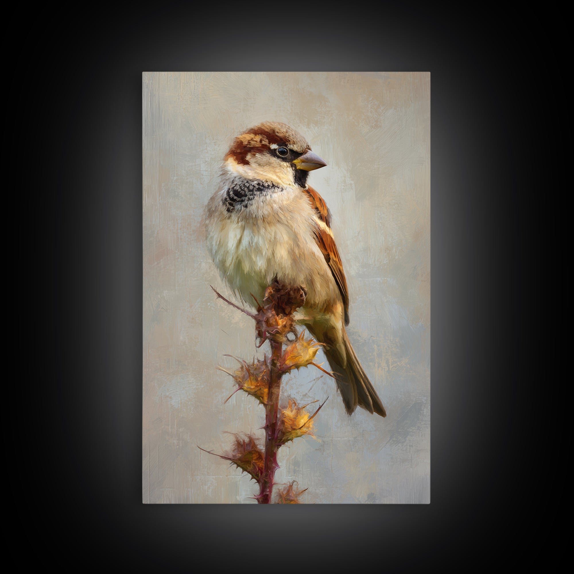 Small Sparrow on Wildflower Stem Framed Canvas Print, Bird Art, Digital Print, Living Room Decor, Watercolor Art, Flight, BIR-2x3-94