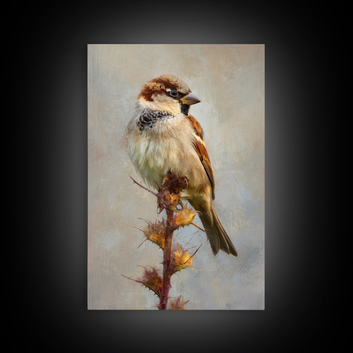 Small Sparrow on Wildflower Stem Framed Canvas Print, Bird Art, Digital Print, Living Room Decor, Watercolor Art, Flight, BIR-2x3-94