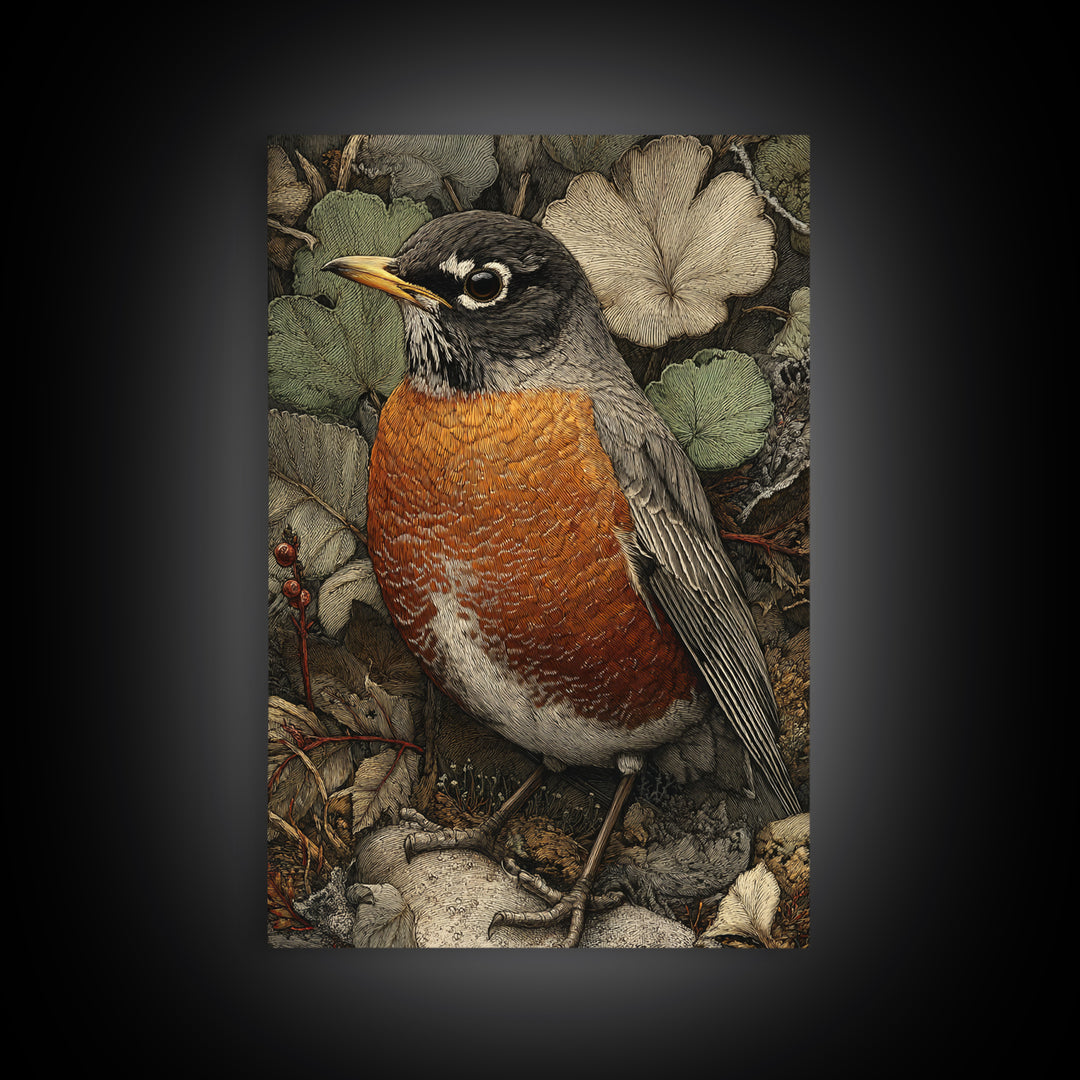 Robin in a Spring Garden with Soft Canvas Print, Bird Art, Botanical Wall Art, Living Room Decor, Watercolor Art, Flight, BIR-2x3-95