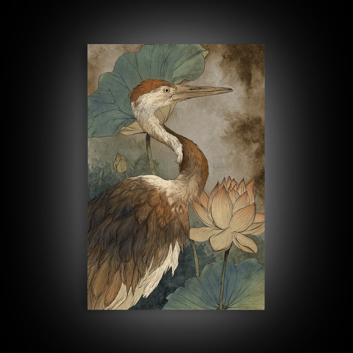 Crane and Lotus Composition Framed Canvas Print, Bird Art, Watercolor Painting, Living Room Decor, Flight, Living Room Art, BIR-2x3-97