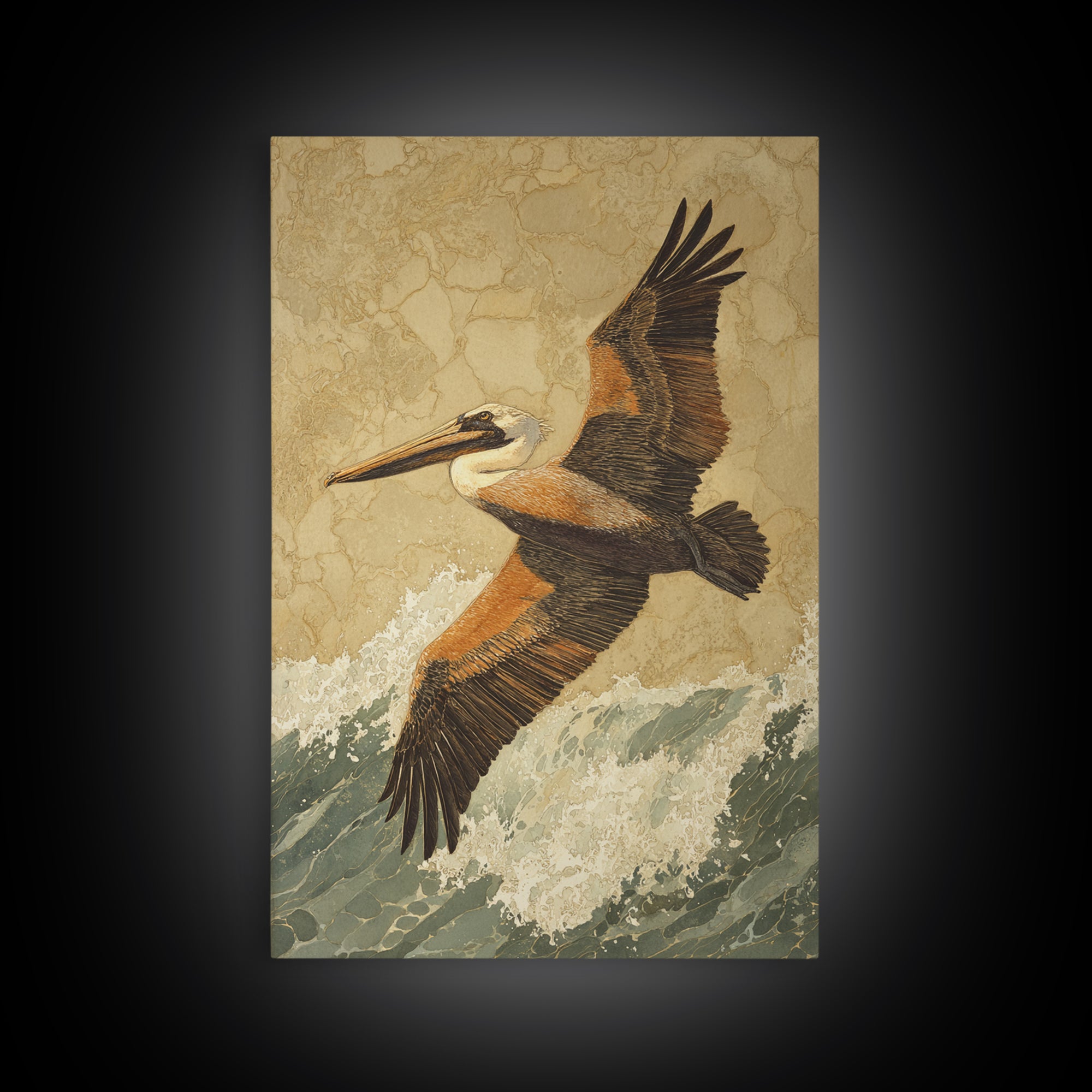 Pelican Flying over Coastal Waves Framed Canvas Print, Bird Art, Digital Prints, Living Room Decor, Watercolor Art, Flight, BIR-2x3-98
