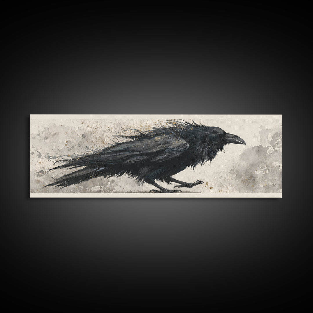 Raven Silhouette with Gothic Atmosphere Framed Canvas Print, Bird Art, Modern Wall Art, Living Room Decor, Fine Art, Flight, BIR-3x1-1