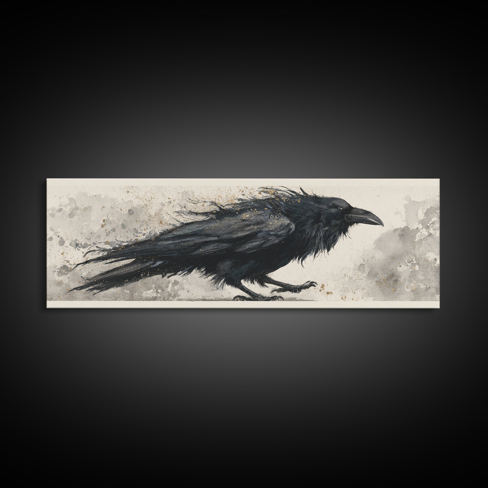 Raven Silhouette with Gothic Atmosphere Framed Canvas Print, Bird Art, Modern Wall Art, Living Room Decor, Fine Art, Flight, BIR-3x1-1